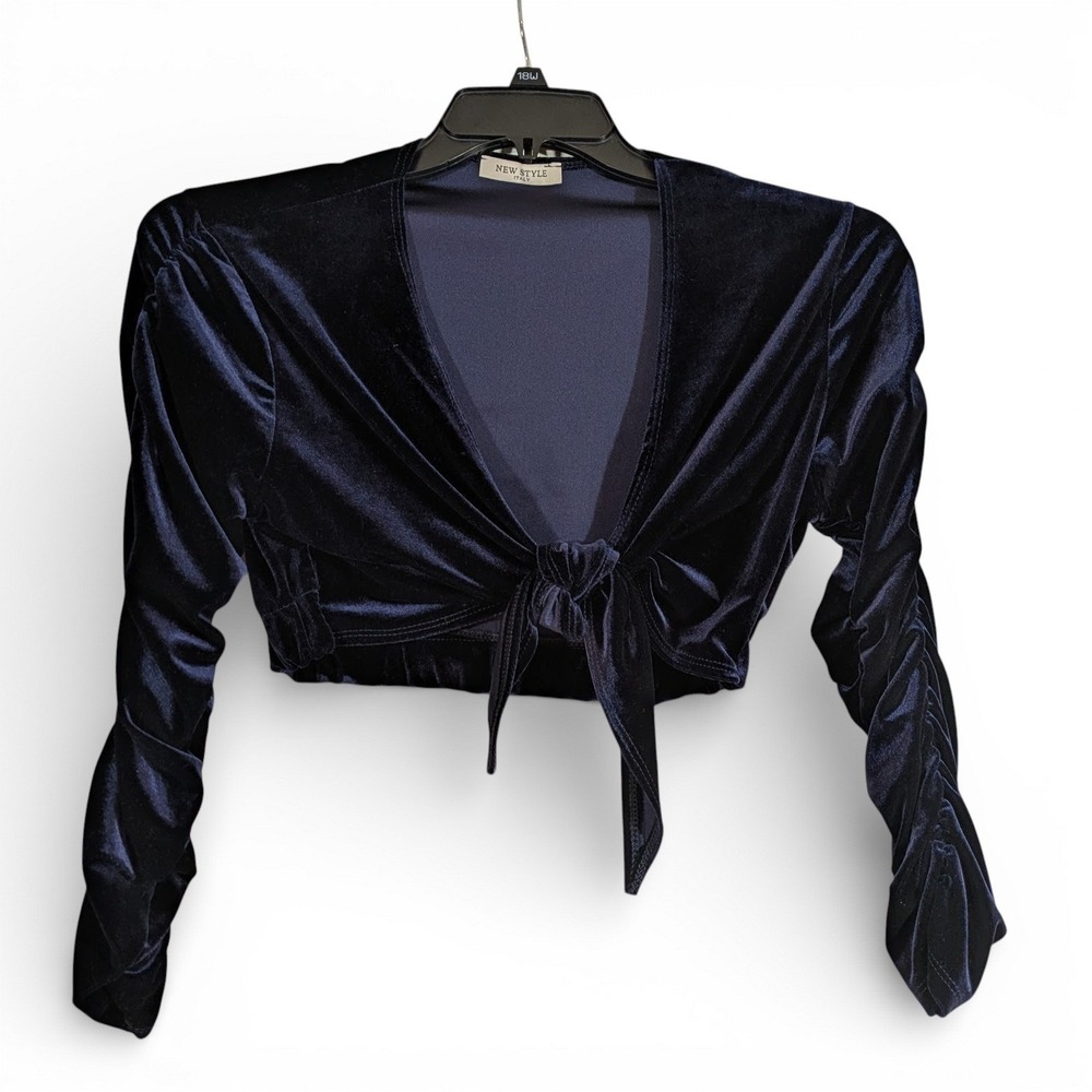 Blue Velvet Milkmaid Long Sleeve Tie Front Crop Top New Style Italy Coquette